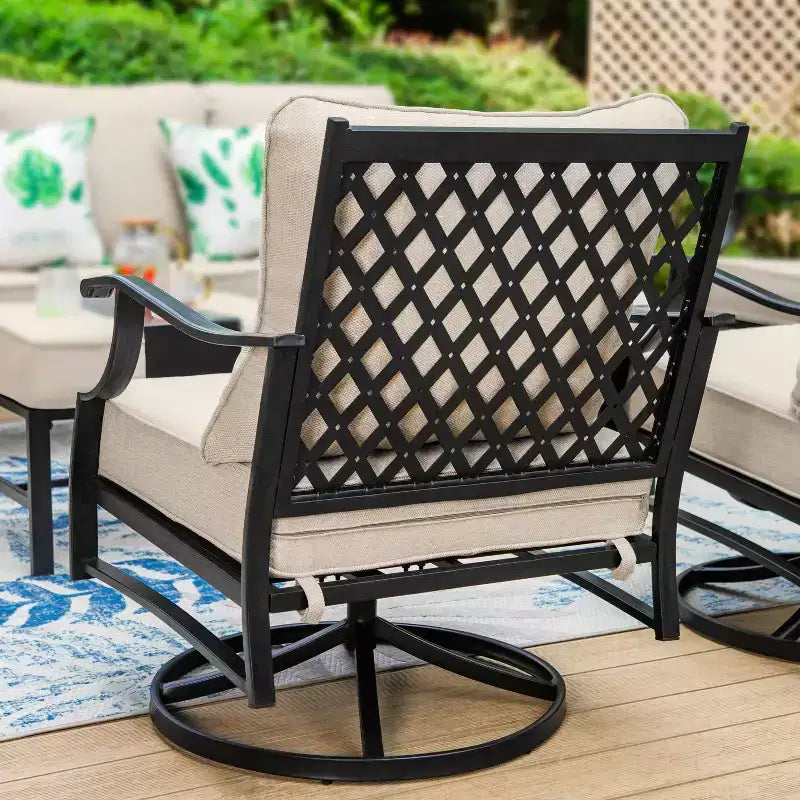 Ensemble de conversation d'extérieur 5 pièces XL en métal avec fauteuils pivotants et poufs Beige : Cadre en acier, résistant à la rouille et à l'eau