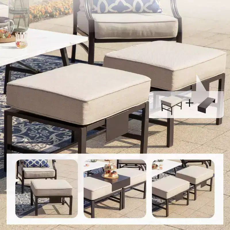 Ensemble de conversation d'extérieur 5 pièces XL en métal avec fauteuils pivotants et poufs Beige : Cadre en acier, résistant à la rouille et à l'eau