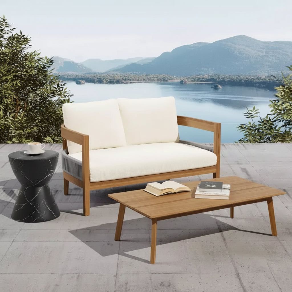 Ensemble de causeuse et table d'extérieur modernes en bois d'acacia, beige/teck