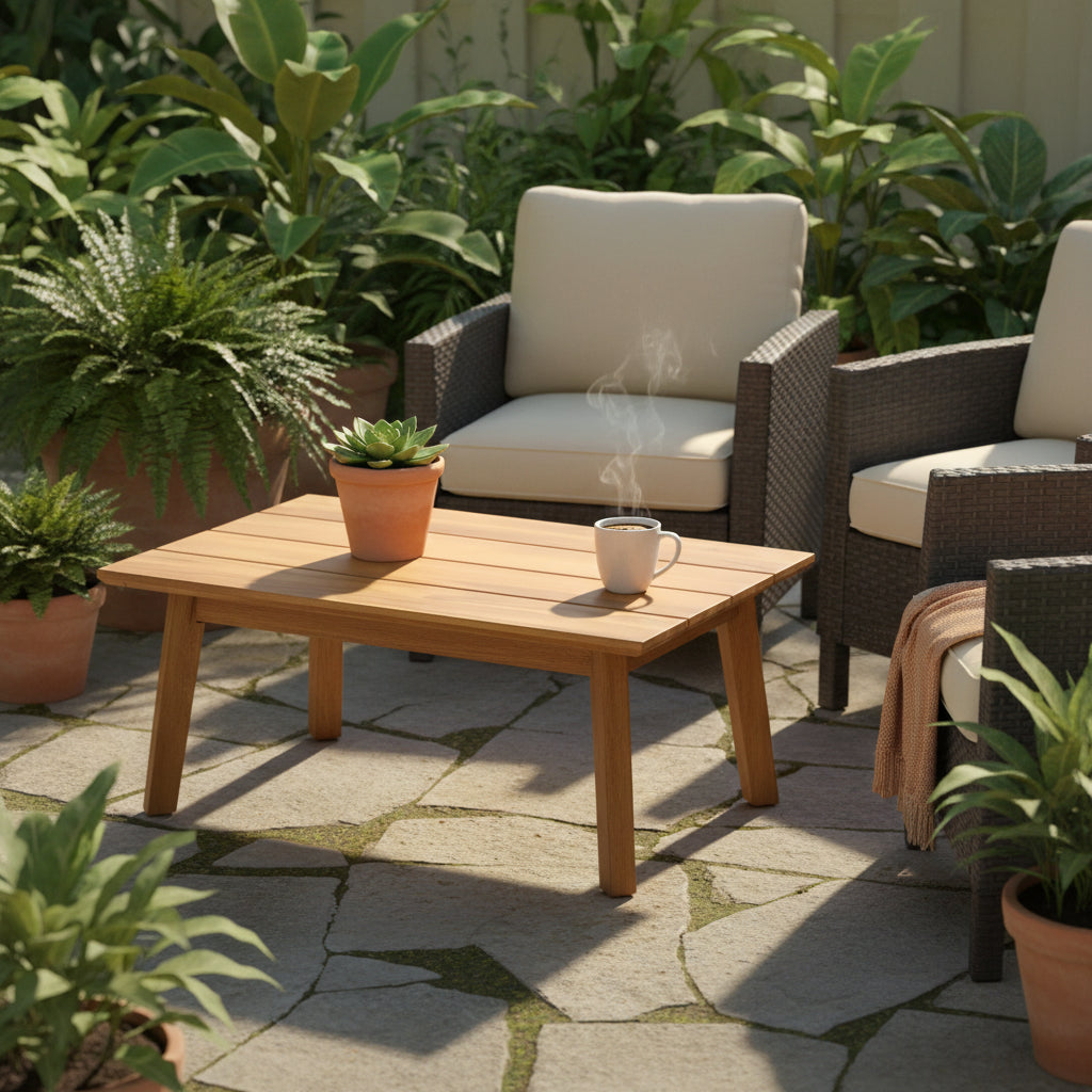 Ensemble de causeuse et table d'extérieur modernes en bois d'acacia, beige/teck