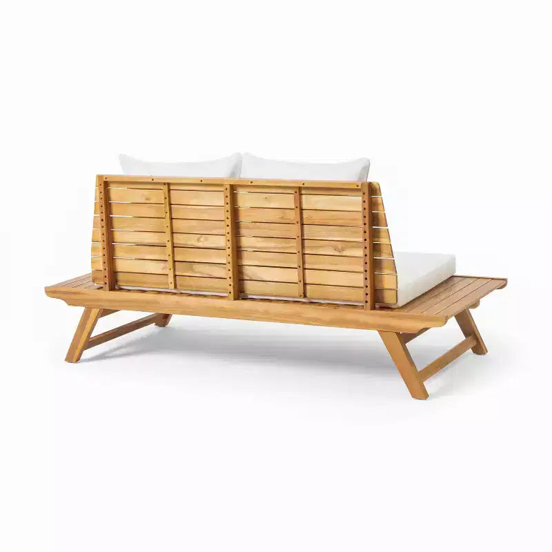 Ensemble causeuse et table basse d'extérieur en bois d'acacia avec coussin