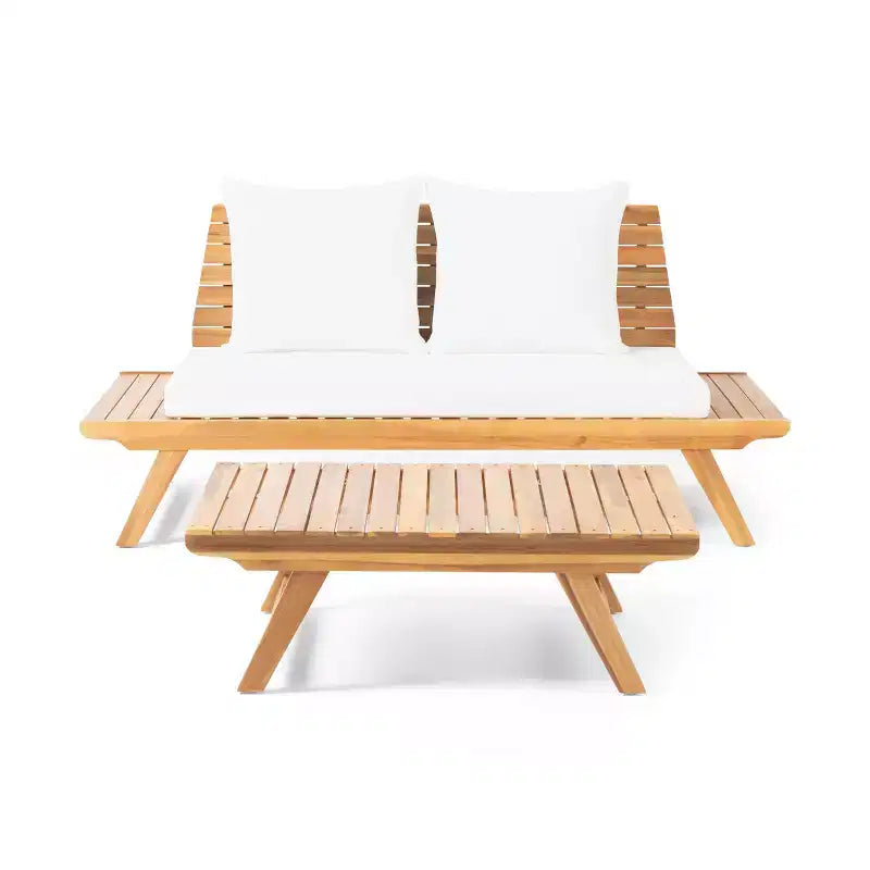 Ensemble causeuse et table basse d'extérieur en bois d'acacia avec coussin