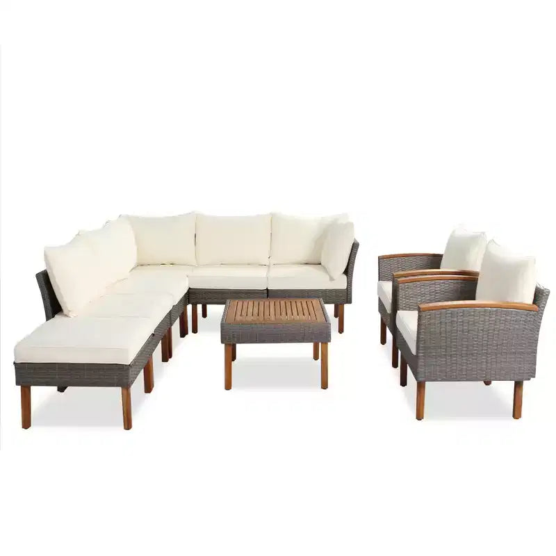 Ensemble de conversation d'extérieur 9 pièces en rotin, canapé de patio avec table basse et coussins lavables