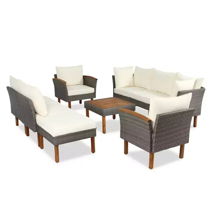 Ensemble de conversation d'extérieur 9 pièces en rotin, canapé de patio avec table basse et coussins lavables