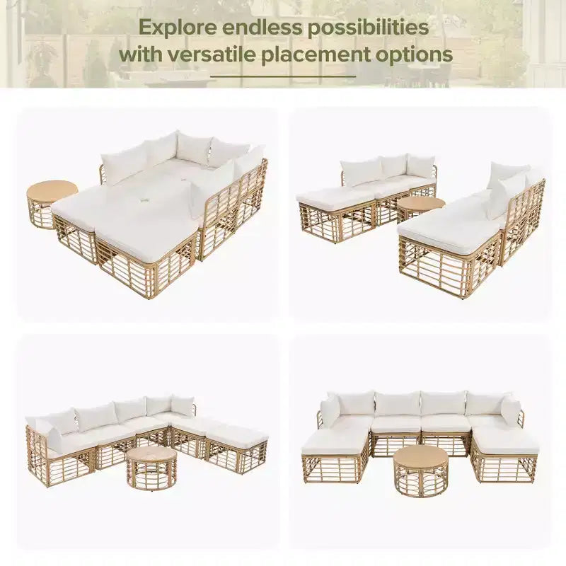 Ensemble de canapé d'angle d'extérieur en rotin résistant aux intempéries avec coussins épais et oreillers, ensembles de conversation combinables librement