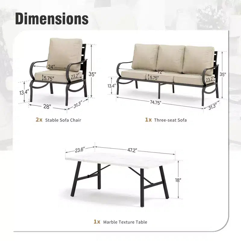 Ensemble de conversation de 4 meubles de terrasse en métal avec table basse pour jardin, porche et arrière-cour