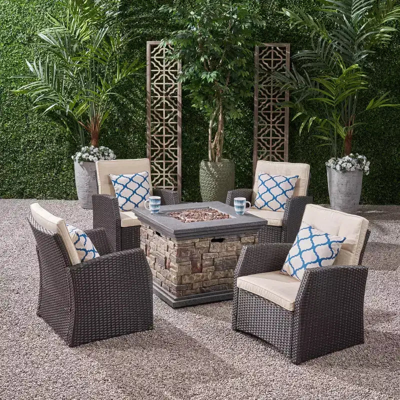 Ensemble de 5 pièces de fauteuils de club et de foyer d'extérieur en osier avec coussins