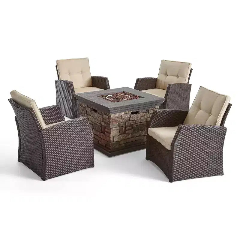 Ensemble de 5 pièces de fauteuils de club et de foyer d'extérieur en osier avec coussins