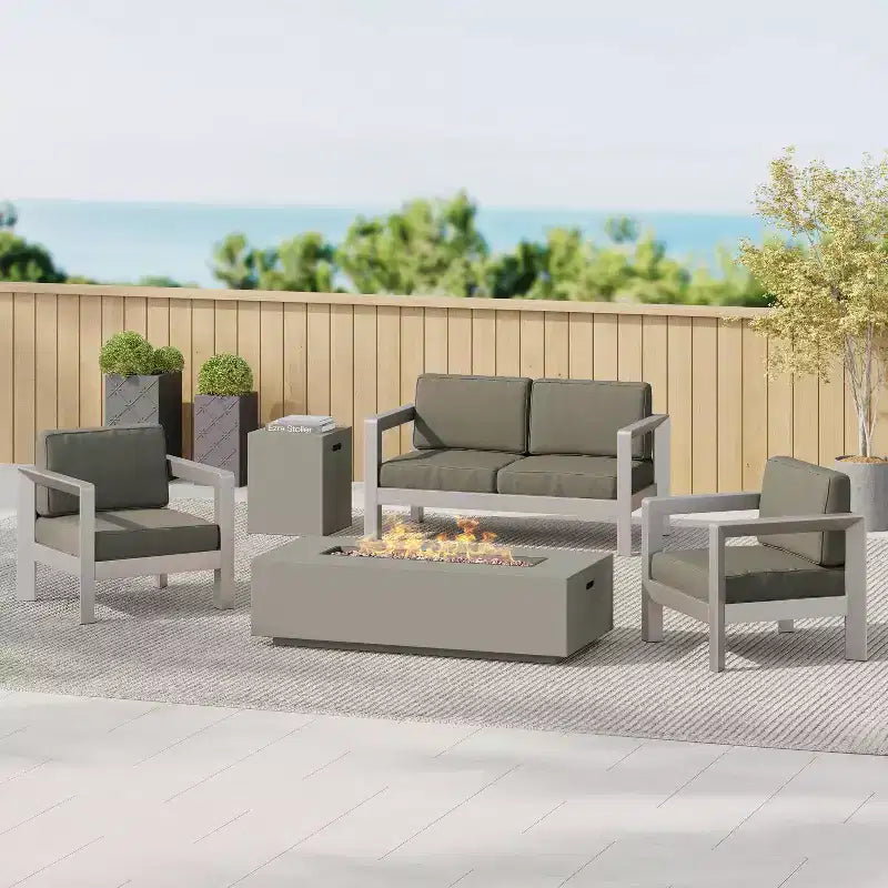 Salon de jardin extérieur en aluminium 4 places avec foyer