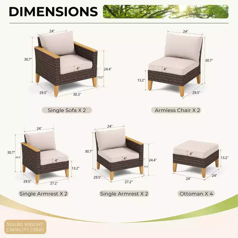 Ensemble de conversation d'extérieur en rotin tressé 12 pièces avec pouf rembourré
