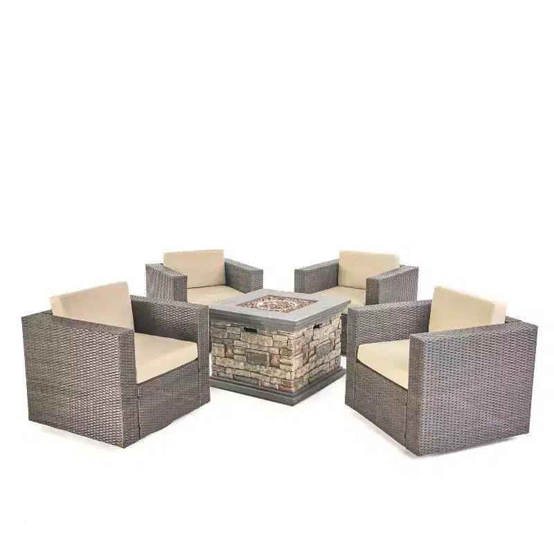 Ensemble de 5 pièces de fauteuils de club pivotants et de foyer en osier d'extérieur
