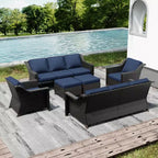 Ensemble de patio extérieur avec deux canapés, des chaises, des poufs et une table brasero pour des réunions spacieuses