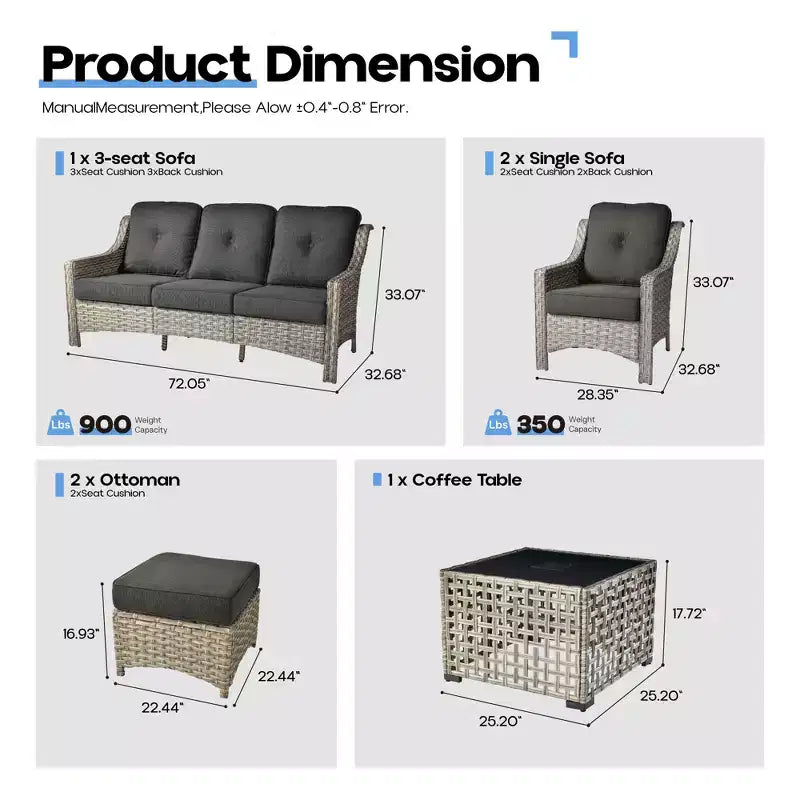 Ensemble de conversation en osier de patio 6 pièces avec canapé 3 places et coussins, chaises en rotin, poufs, table basse