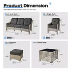 Ensemble de conversation en osier de patio 6 pièces avec canapé 3 places et coussins, chaises en rotin, poufs, table basse