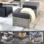 Ensemble de conversation en osier de patio 6 pièces avec canapé 3 places et coussins, chaises en rotin, poufs, table basse