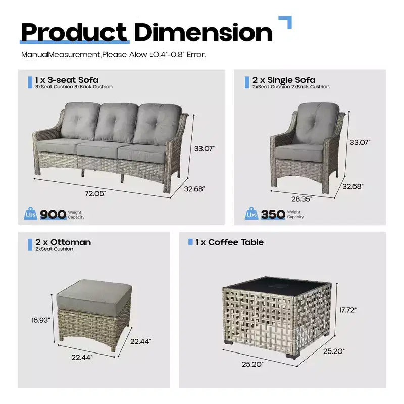 Ensemble de conversation en osier de patio 6 pièces avec canapé 3 places et coussins, chaises en rotin, poufs, table basse