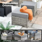 Ensemble de conversation en osier de patio 6 pièces avec canapé 3 places et coussins, chaises en rotin, poufs, table basse