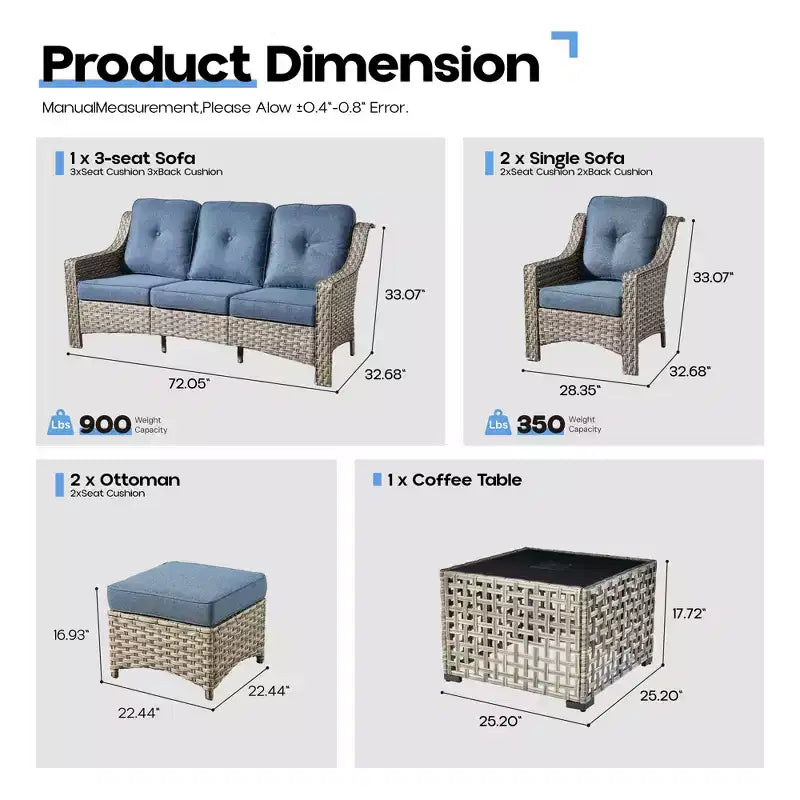 Ensemble de conversation en osier de patio 6 pièces avec canapé 3 places et coussins, chaises en rotin, poufs, table basse