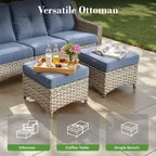 Ensemble de conversation en osier de patio 6 pièces avec canapé 3 places et coussins, chaises en rotin, poufs, table basse
