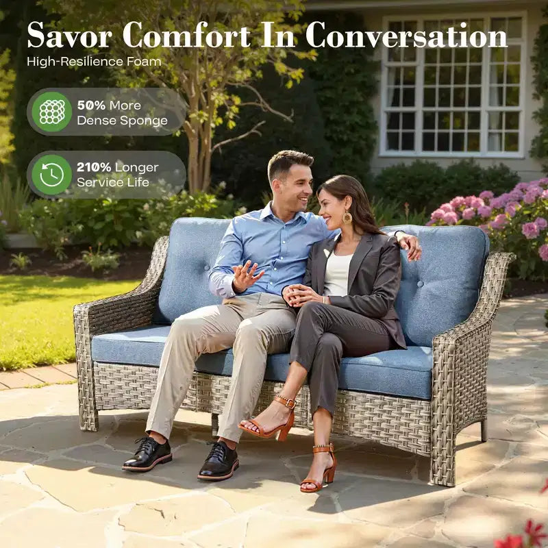 Ensemble de conversation en osier de patio 6 pièces avec canapé 3 places et coussins, chaises en rotin, poufs, table basse
