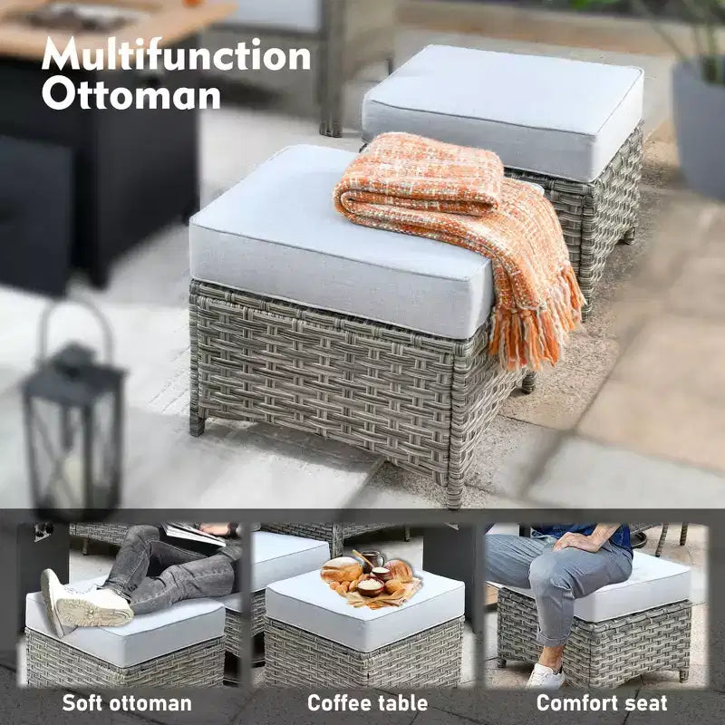 Ensemble de conversation en osier de patio 6 pièces avec canapé 3 places et coussins, chaises en rotin, poufs, table basse