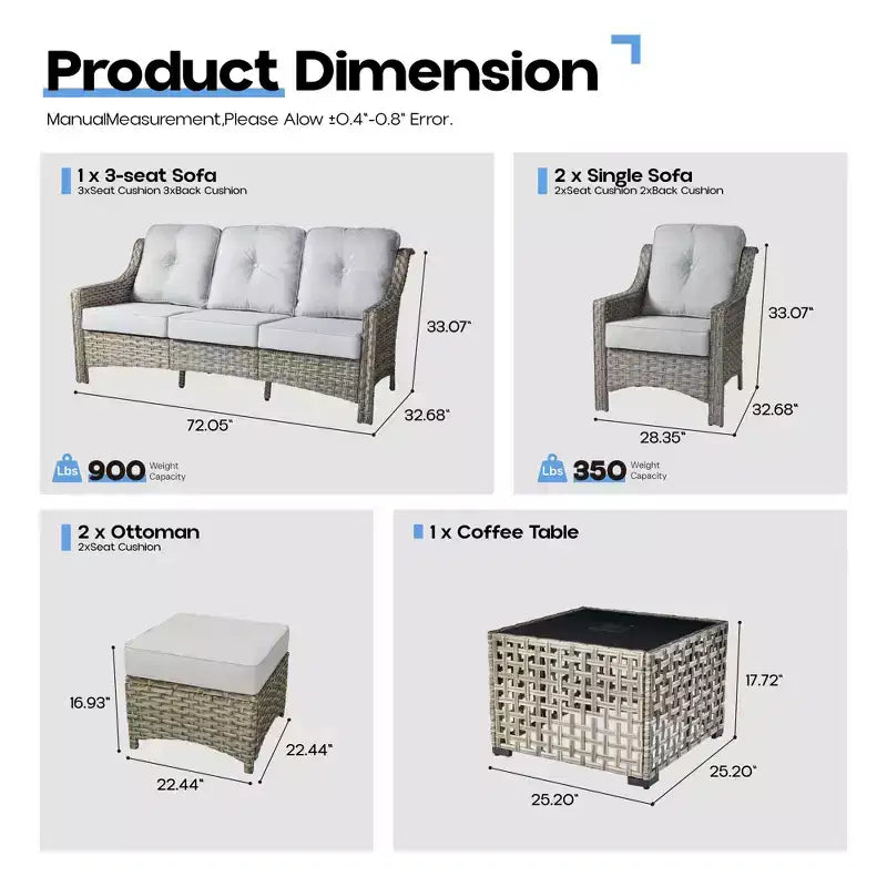 Ensemble de conversation en osier de patio 6 pièces avec canapé 3 places et coussins, chaises en rotin, poufs, table basse
