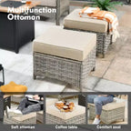 Ensemble de conversation en osier de patio 6 pièces avec canapé 3 places et coussins, chaises en rotin, poufs, table basse