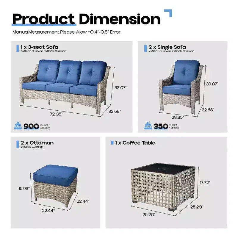 Ensemble de conversation en osier de patio 6 pièces avec canapé 3 places et coussins, chaises en rotin, poufs, table basse