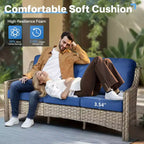 Ensemble de conversation en osier de patio 6 pièces avec canapé 3 places et coussins, chaises en rotin, poufs, table basse