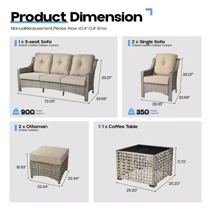 Ensemble de conversation en osier de patio 6 pièces avec canapé 3 places et coussins, chaises en rotin, poufs, table basse