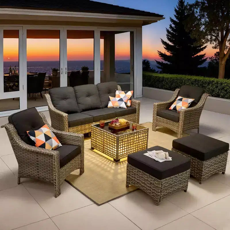 Ensemble de conversation en osier de patio 6 pièces avec canapé 3 places et coussins, chaises en rotin, poufs, table basse