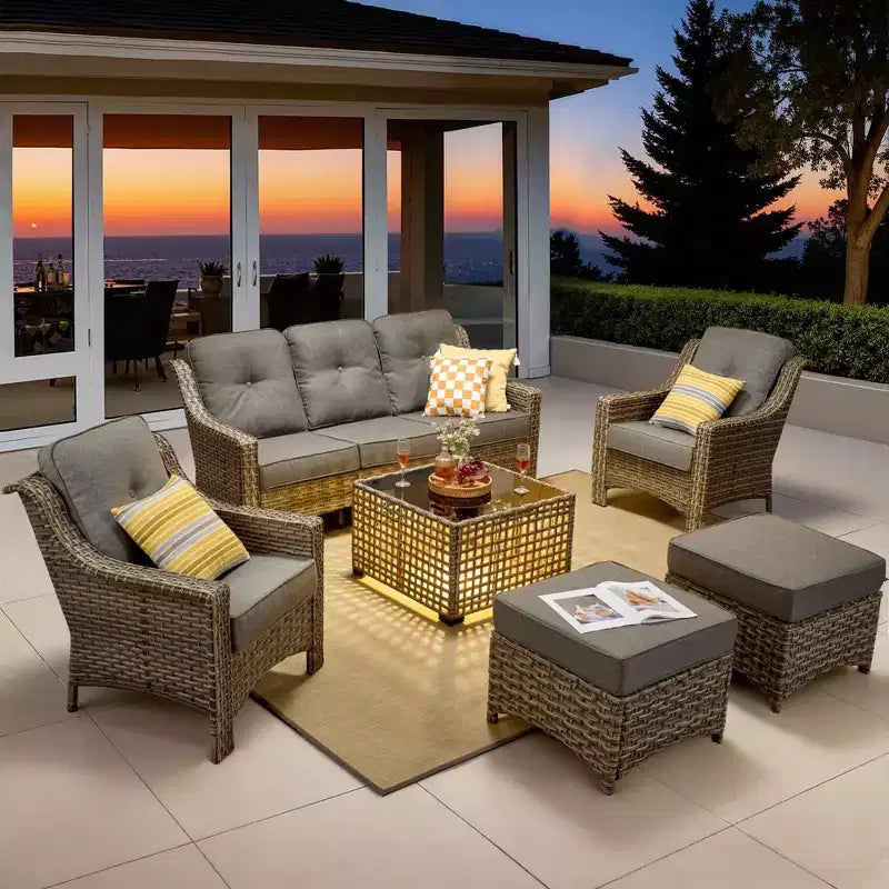 Ensemble de conversation en osier de patio 6 pièces avec canapé 3 places et coussins, chaises en rotin, poufs, table basse