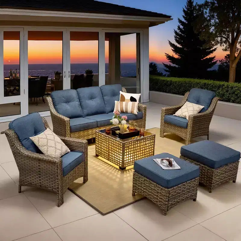 Ensemble de conversation en osier de patio 6 pièces avec canapé 3 places et coussins, chaises en rotin, poufs, table basse