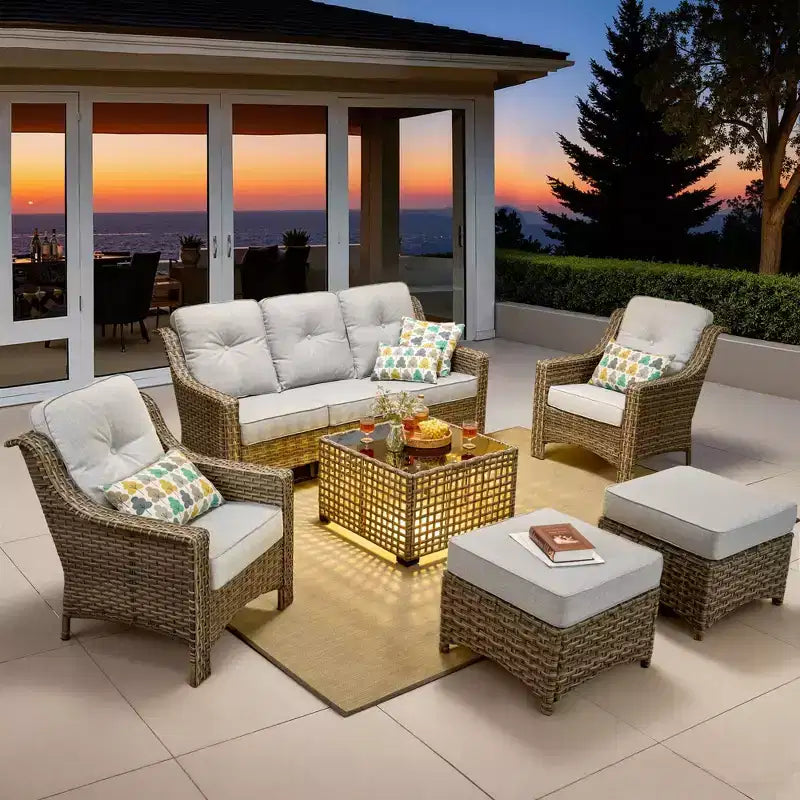 Ensemble de conversation en osier de patio 6 pièces avec canapé 3 places et coussins, chaises en rotin, poufs, table basse