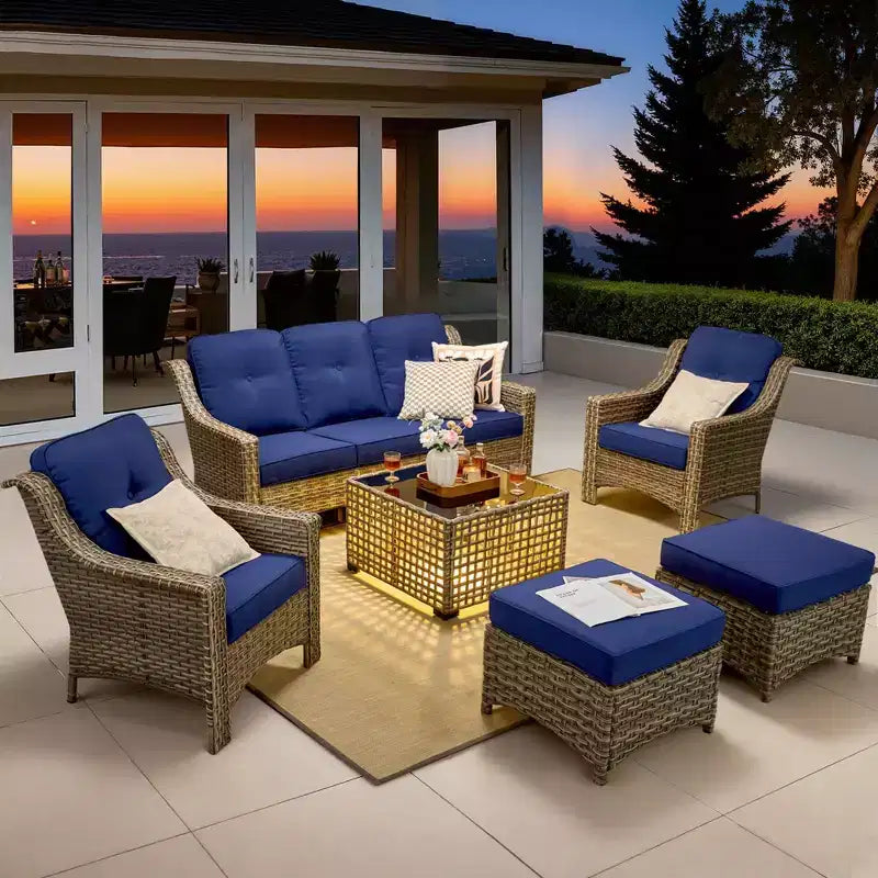 Ensemble de conversation en osier de patio 6 pièces avec canapé 3 places et coussins, chaises en rotin, poufs, table basse
