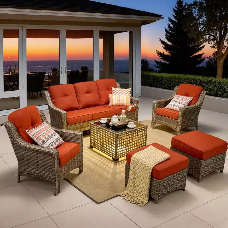 Ensemble de conversation en osier de patio 6 pièces avec canapé 3 places et coussins, chaises en rotin, poufs, table basse