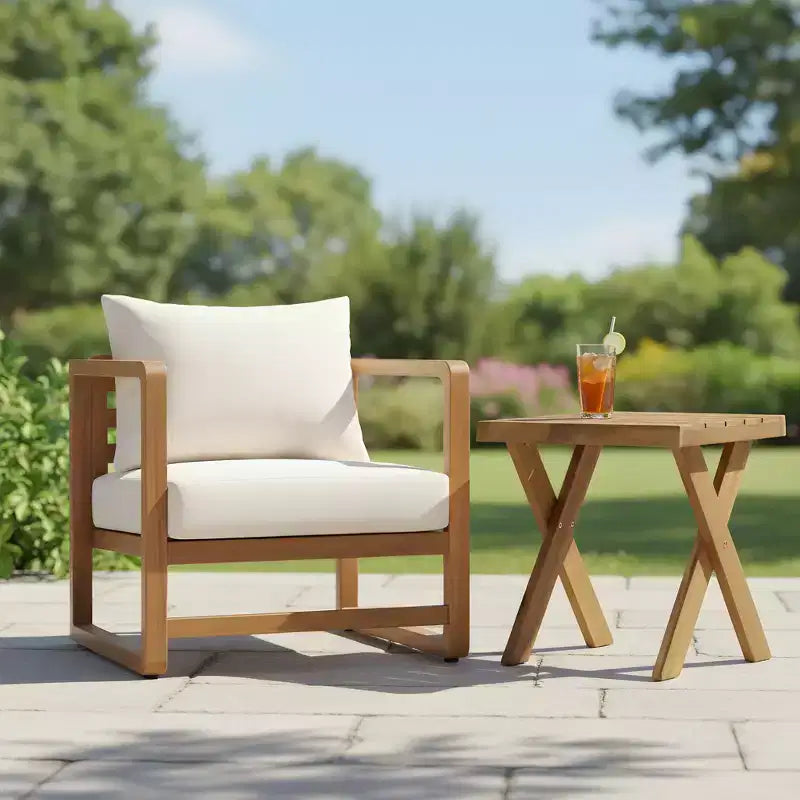 Ensemble de 2 sièges surdimensionnés en bois d'acacia avec coussins et table à lattes