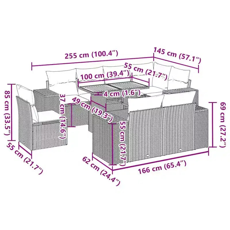 Canapé de jardin modulable avec coussins de différentes couleurs