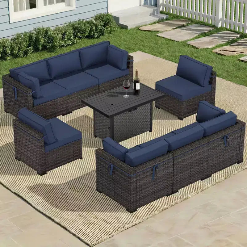 Ensemble sectionnel d'extérieur toutes saisons haut de gamme avec 4 chaises longues d'angle, 4 sièges profonds et une table brasero convertible grise