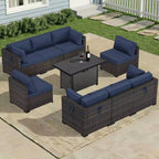 Ensemble sectionnel d'extérieur toutes saisons haut de gamme avec 4 chaises longues d'angle, 4 sièges profonds et une table brasero convertible grise
