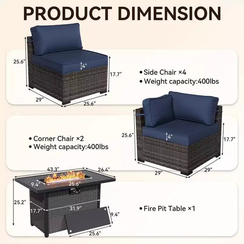 Ensemble sectionnel d'extérieur toutes saisons haut de gamme avec 4 chaises longues d'angle, 4 sièges profonds et une table brasero convertible grise