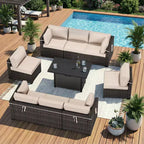 Ensemble sectionnel d'extérieur toutes saisons haut de gamme avec 4 chaises longues d'angle, 4 sièges profonds et une table brasero convertible grise