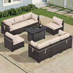 Ensemble sectionnel d'extérieur toutes saisons haut de gamme avec 4 chaises longues d'angle, 4 sièges profonds et une table brasero convertible grise