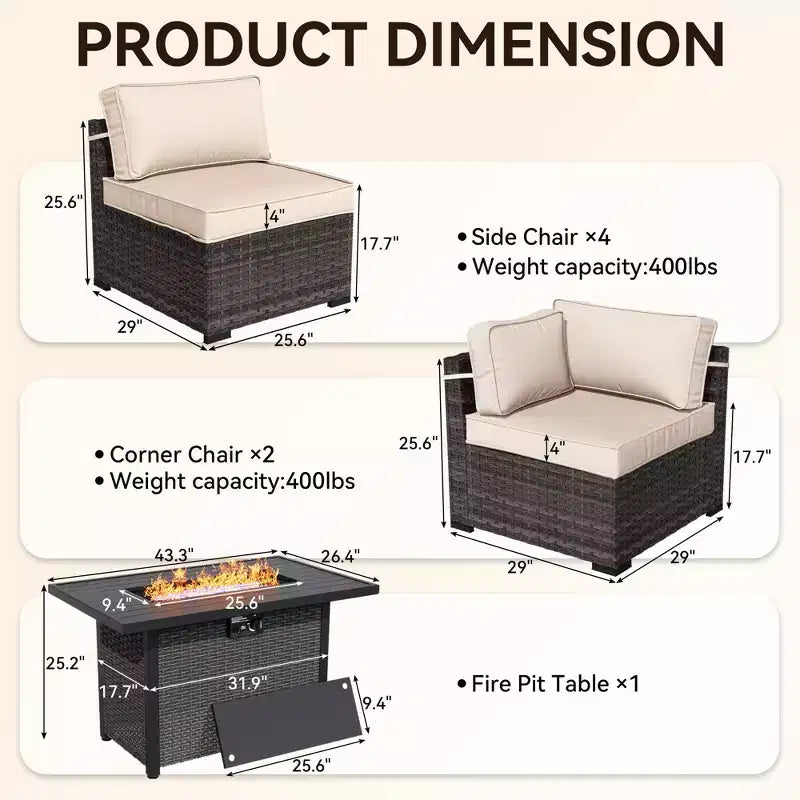 Ensemble sectionnel d'extérieur toutes saisons haut de gamme avec 4 chaises longues d'angle, 4 sièges profonds et une table brasero convertible grise