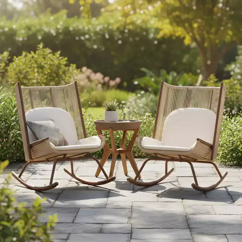 Ensemble repas de patio 3 pièces style ferme avec table en bois d'acacia et chaises à bascule en fer