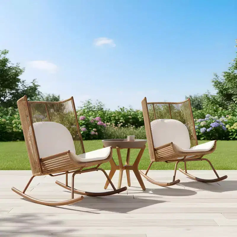 Ensemble repas de patio 3 pièces style ferme avec table en bois d'acacia et chaises à bascule en fer