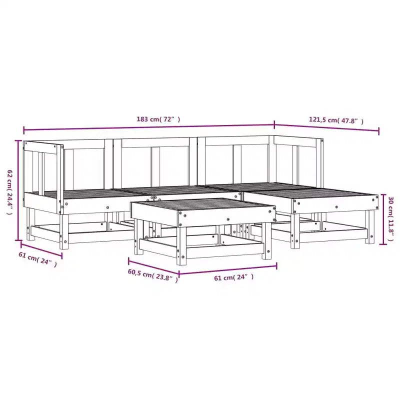 Ensemble de salon de patio d'extérieur 5 pièces en pin massif