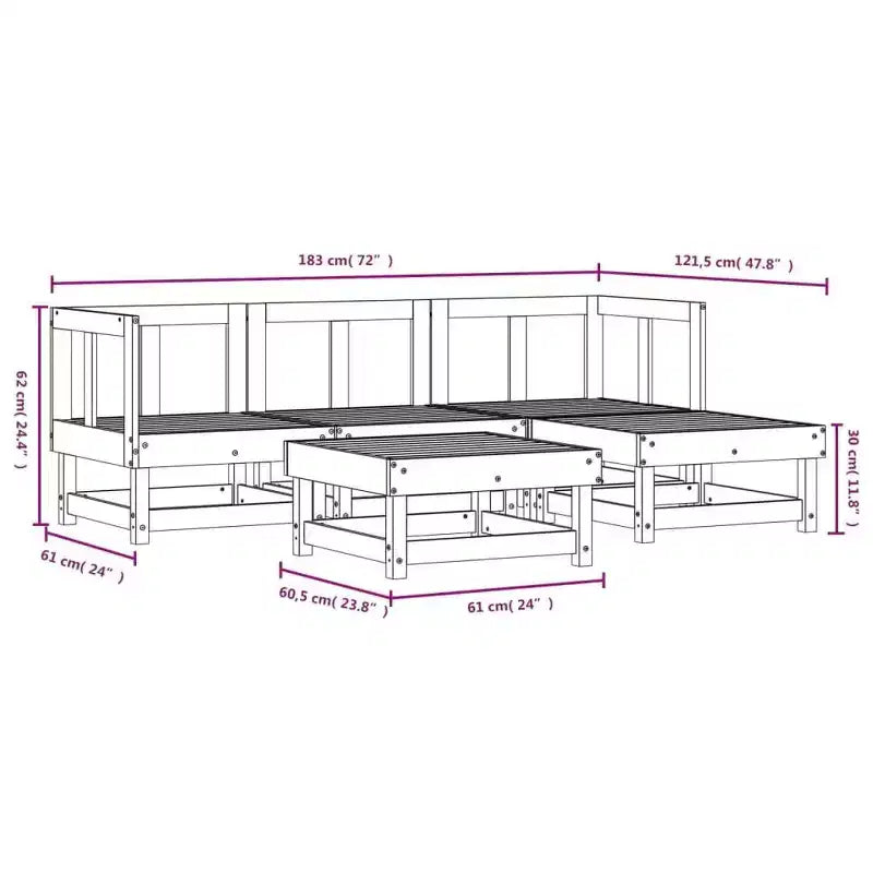 Ensemble de salon de patio d'extérieur 5 pièces en pin massif
