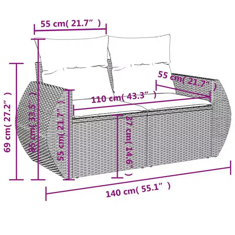 Ensemble de canapé de jardin en rotin synthétique et acier thermolaqué, de taille standard