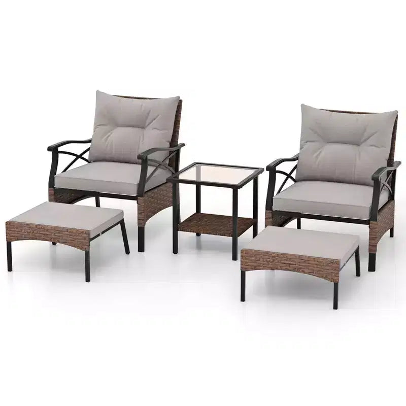Ensemble de mobilier de jardin 5 pièces avec table basse à 2 niveaux et 2 poufs, coussins inclus